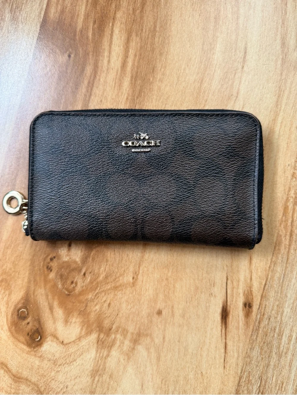 Coach Brown Signature Zip Wallet with Silver Logo
